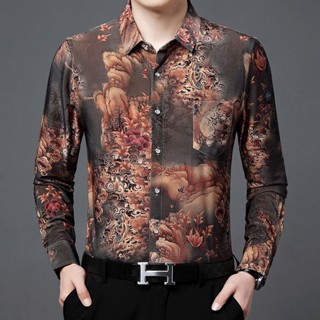 Spot high quality] printed shirt 2023 autumn new mens flower shirt long-sleeved shirt broken flower leisure thin high-end vintage Chinese fashion brand boys clothing