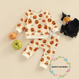 Babyclothes- เสื้อแขนยาว คอกลม พิมพ์ลายฟักทอง ฮาโลวีน พร้อมกางเกง แบบผูกเชือก สําหรับเด็กผู้ชาย และเด็กผู้หญิง