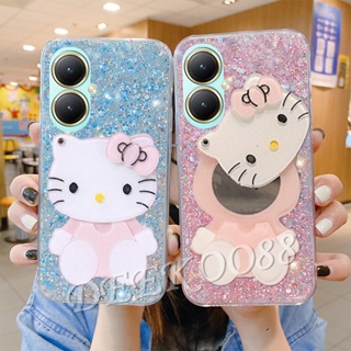 ใหม่ เคสโทรศัพท์มือถือ TPU นิ่ม ลายกลิตเตอร์ วิบวับ พร้อมขาตั้งกระจก รูปแมวสีชมพู สําหรับ VIVOV29 VIVOY27 VIVO V29 V27 V27e Y27 Y36 Y78 Y02T Y02A 4G 5G 2023