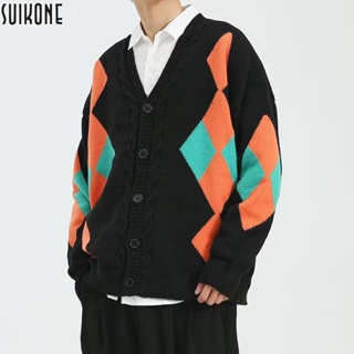 Suikone   ผู้ชายเสื้อถักสไตล์อเมริกันฤดูใบไม้ร่วงและฤดูหนาว Rhombus Contrast สีเย็บสบายๆเสื้อแขนยาวทั้งชายและหญิงสามารถสวมใส่ได้