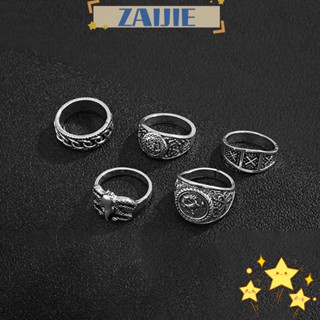 Zaijie24 ชุดแหวนผู้ชาย ฮิปฮอป ย้อนยุค เรขาคณิต โลหะ สไตล์พังก์ แหวนผู้ชาย แหวนนิ้ว