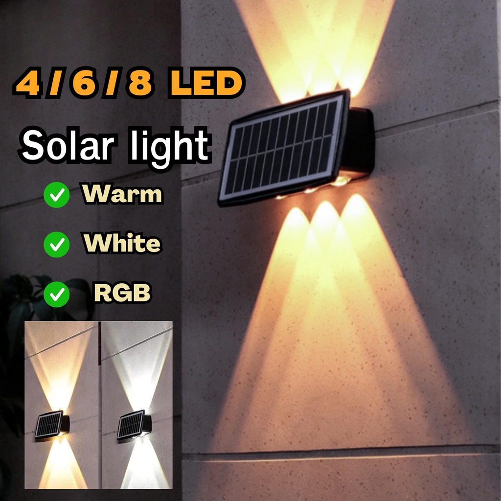 โคมไฟติดผนังโซล่าเซลล์ 4/6/8 LED มีให้เลือก 3 สี!! ไฟตกแต่งบ้าน ไฟติดรั้ว โคมไฟชาร์จพลังงานแสงอาทิตย์