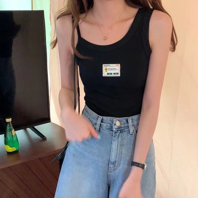 CHUNYU OUTLETS เสื้อกล้ามสายเดี่ยวไหมพรมปักโลโก้ด้านหน้า เสื้อสายเดี่ยว  1943-1#