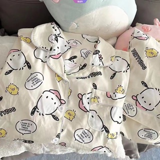 ชุดนอน เสื้อคาร์ดิแกน แขนยาว คอปก พิมพ์ลายการ์ตูนอนิเมะ Sanrio Pochacco ทรงหลวม แฟชั่นฤดูใบไม้ผลิ และฤดูใบไม้ร่วง สําหรับผู้หญิง [RAIN]