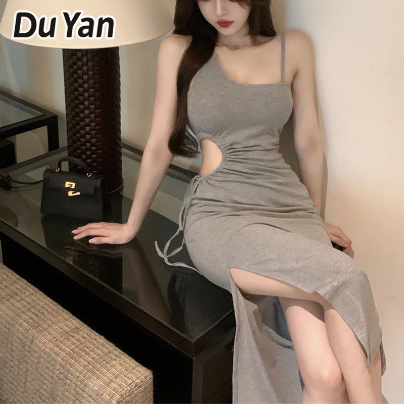 Du Yan ชุดเดรสกระโปรง เซ็กซี่ ผ่าข้าง สีเทา สไตล์เกาหลี สําหรับสตรี