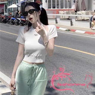 Fashionme-เสื้อยืดครอปท็อป แขนสั้น สีพื้น ทรงสลิม แฟชั่นฤดูร้อน สําหรับผู้หญิง