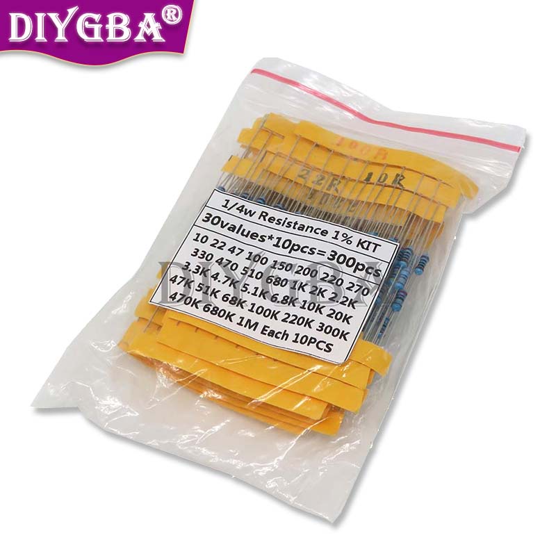 300PCS 1/4w 10 -1M Ohm 1/4w 0.25W ความต้านทาน 1% โลหะฟิล์ม Resistor Resistance Assortment Kit ชุด 30