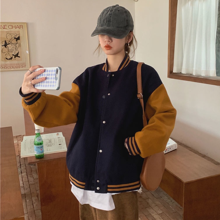 เสื้อแจ็กเก็ตเบสบอล แขนยาว ทรงหลวม ลายทาง สีพื้น แบบเรียบ สไตล์เรโทร สําหรับผู้หญิง