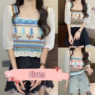 Elves✨พร้อมส่ง✨ เสื้อถักไหมพรม
 แขนสั้นผ้าชีฟอง คอสี่เหลี่ยม สไตล์ญี่ปุ่น~72026~ -C