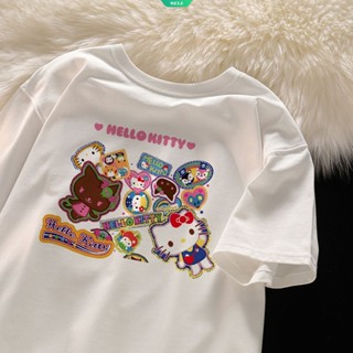 SANRIO เสื้อยืดแขนสั้น ทรงหลวม ลาย Hello Kitty สไตล์ญี่ปุ่น แฟชั่นฤดูร้อน สําหรับผู้หญิง และนักเรียน