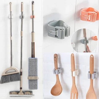 ที่แขวนไม้กวาด ที่แขวนไม้ถูพื้น 4 สีตัวเลือกกาวตนเองหลายวิธีการแขวน Mop ร่มเครื่องครัว