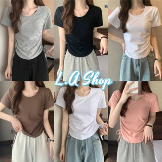 L.A Shop ​พร้อมส่ง เสื้อถักไหมพรม  แขนสั้น คอกลมสีพื้นเรียบๆ ดีเทลรูดข้าง สไตล์เกาหลี "52181" -C