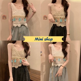 Mini shop🌸พร้อมส่ง🌸 (CX0006) เสื้อสายเดี่ยว ถักไหมพรม แต่งผู้สีพื้น สไตล์โบฮีเมี่ยน -C