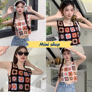 Mini shop🌸พร้อมส่ง🌸 (CX0007) เสื้อถักไหมพรม ลายดอกไม้ ใส่สบาย 2 สี สายเดี่ยวใหญ่-C