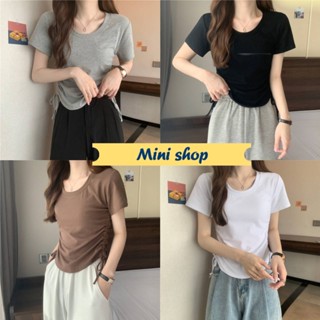 Mini shop🌸พร้อมส่ง🌸 (52181) เสื้อถักไหมพรม คอกลมแขนสั้น รูดข้าง2ข้าง ทรงหลวม -C