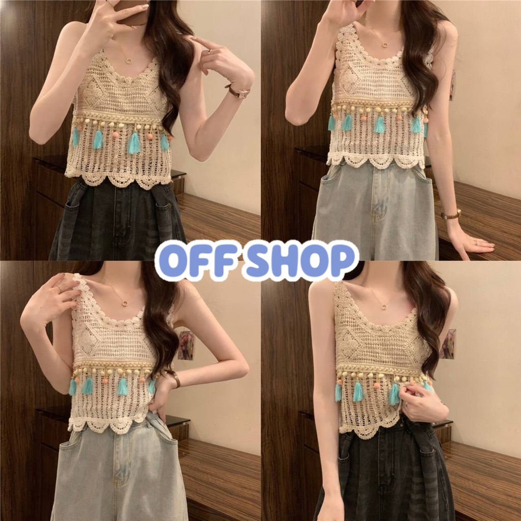 OFF SHOP 🥻เสื้อสายเดี่ยวถักไหมพรม แต่งพู่ สไตล์โบฮีเมี่ยน สีพื้น -CX0006-C