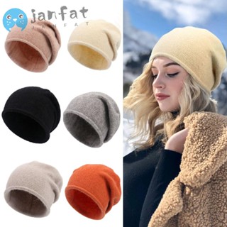 Janfat หมวกบีนนี่ลําลอง ผ้าฝ้ายแคชเมียร์ แบบหนา ให้ความอบอุ่น สีพื้น เหมาะกับฤดูหนาว สําหรับเดินป่ากลางแจ้ง