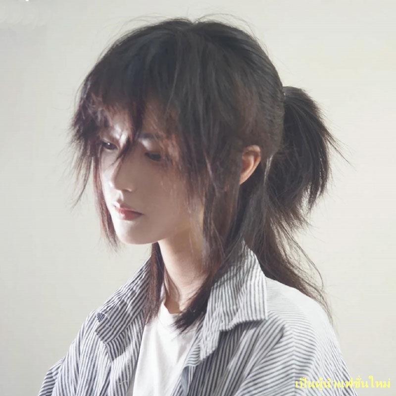 【การจัดส่งที่รวดเร็ว】 Samurai head wig ชายปุยธรรมชาติหมาป่าหาง mullet หัวสั้นผม full headgear -HGR