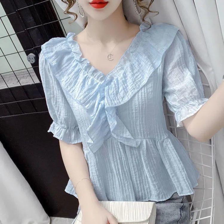 เสื้อเชิ้ตแขนสั้น คอวี แต่งระบาย เข้ากับทุกการแต่งกาย แฟชั่นฤดูร้อน สไตล์ฝรั่งเศส สําหรับผู้หญิง 2023