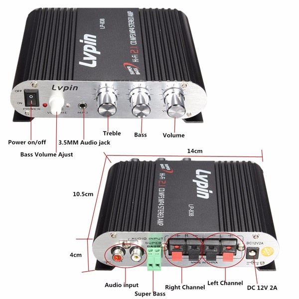 LVPIN Mini HiFi เครื่องขยายเสียงสเตอริโอ Treble Bass Booster 12V LP 838