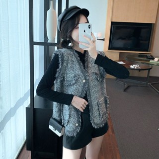 เสื้อแจ็กเก็ตคาร์ดิแกนแขนกุด ผ้าขนแกะเทียม ทรงหลวม ประดับพู่ แฟชั่นฤดูใบไม้ร่วง และฤดูหนาว