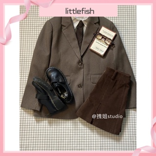 [littlefish] เสื้อแจ็กเก็ตสูท ลายสก๊อต และกระโปรงสั้น ระดับไฮเอนด์ สไตล์อเมริกันเรโทร ขนาดใหญ่ เข้ากับทุกชุด 2023