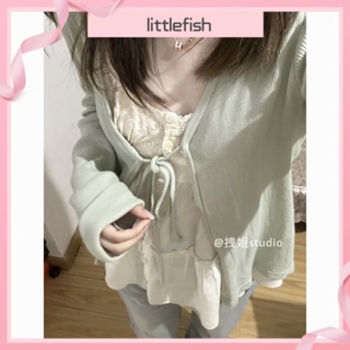 [littlefish] เสื้อคาร์ดิแกน คอวี ผ้าถัก แต่งลูกไม้ สองชิ้น สไตล์เกาหลี แฟชั่นฤดูใบไม้ร่วง สําหรับเด็กผู้หญิง