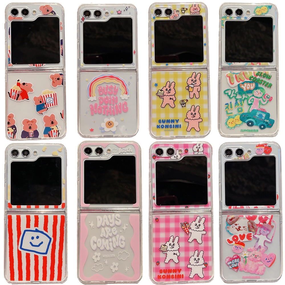 เคสโทรศัพท์มือถือ PC แข็ง แบบใส กันกระแทก ลายกระต่าย หมี และป๊อปคอร์น สีรุ้ง สไตล์เกาหลี สําหรับ Samsung Galaxy ZFlip5 zflip3 zflip4 Z Flip 5 3 4 Ins