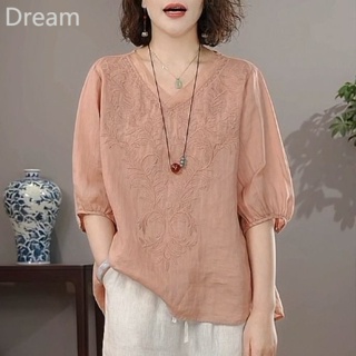 Summer new mid-sleeved T-shirt womens loose slimming belly-covering embroidery large size all-match short shirt womens top