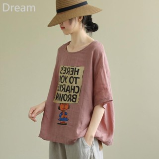 Large size womens letter cartoon printed cotton and linen short sleeve T-shirt loose casual slimming top