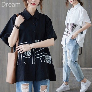 Fashionable stitching large size short sleeve shirt Womens loose Jin slimming all-match Korean style shirt