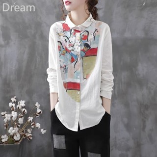 Irregular color matching printed cotton and linen shirt long sleeve white shirt