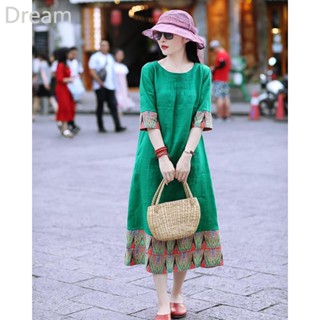 Ethnic style printing stitching temperament high-end Western style aged cotton and linen dress