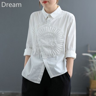 Retro lace embroidered cotton and linen shirt Womens irregular hem placket long sleeve shirt