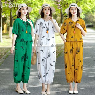 Cotton and linen suit womens summer clothes retro printed top loose set