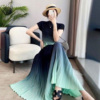 Pleated gradient pleated suit womens summer slim skirt large swing two-piece set