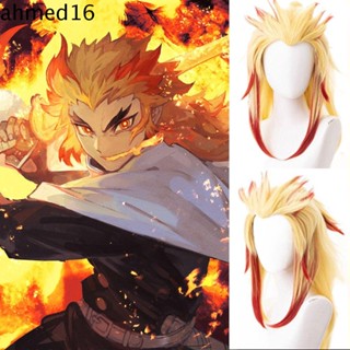 Ahmed วิกผมคอสเพลย์ Demon Slayer Kyoujurou สีเหลือง ไล่โทนสี สําหรับปาร์ตี้ฮาโลวีน