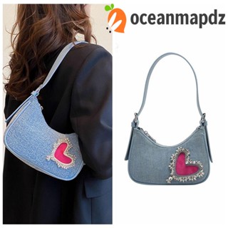 Oceanmapdz กระเป๋าสะพายไหล่ ผ้ายีน ลายหัวใจ มีซิป สีตัดกัน แฟชั่น แวววาว ใช้ได้ทุกวัน