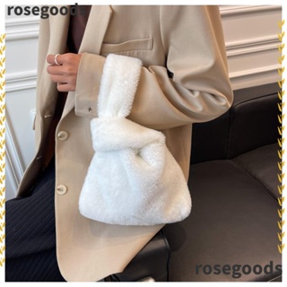 Rosegoods1 กระเป๋าสะพายไหล่ กระเป๋าถือ ผ้าฝ้าย ขนเฟอร์เทียม แบบนิ่ม น้ําหนักเบา สีพื้น สไตล์เกาหลี สําหรับผู้หญิง