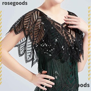 Rosegoods1 ผ้าคลุมไหล่เจ้าสาว แขนกุด ประดับลูกปัด 6 สี ผ้าคลุมไหล่ คอวี โพลีเอสเตอร์ ลูกไม้ หรูหรา สําหรับผู้หญิง