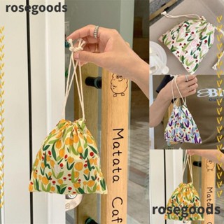 Rosegoods1 กระเป๋าหูรูด ผ้าแคนวาส ลายดอกทิวลิป แบบพกพา สําหรับผู้หญิง