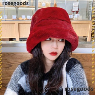 Rosegoods1 หมวกบักเก็ต ขนกระต่ายเทียม แบบนิ่ม ให้ความอบอุ่น แฟชั่นฤดูหนาว สําหรับผู้หญิง