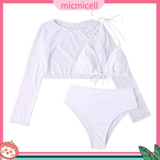 Mic_ เสื้อครอปท็อป บิกินี่ เอวสูง สีพื้น ปรับได้ สําหรับว่ายน้ํา