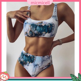 Mic_ Bandeau ชุดว่ายน้ําบิกินี่ คอยู พิมพ์ลายหินอ่อน เอวสูง สําหรับเด็กผู้หญิง 2 ชิ้น