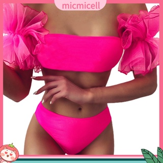 Mic_ Bandeau ชุดว่ายน้ําบิกินี่ เสริมฟองน้ํา แขนระบาย ผ้าตาข่าย 2 ชิ้น สําหรับกิจกรรมทางน้ํา