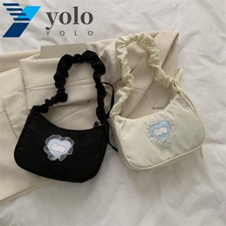 Yolo กระเป๋าใต้วงแขน แต่งจับจีบ ขนาดใหญ่ จุของได้เยอะ แต่งลูกไม้ สีพื้น สไตล์เกาหลี สําหรับเด็กผู้หญิง