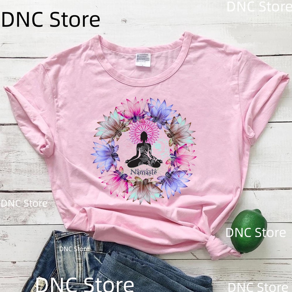 2023 ใหม่ผู้หญิงเสื้อยืด Zen โลตัสดอกไม้ Namaste Spiritual ยาโยคะ TShirt แฟชั่น O-คอ TShirt Harajuku
