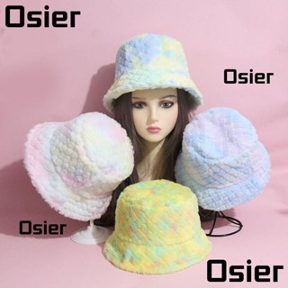 Osier1 หมวกบักเก็ต ผ้าขนเทียม แบบหนา กันแดด อบอุ่น สีมัดย้อม แฟชั่นสําหรับผู้หญิง