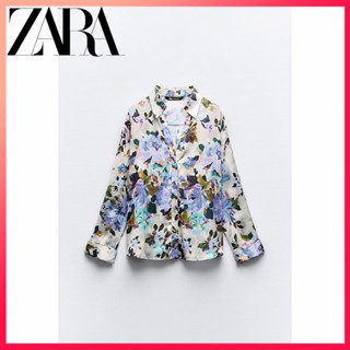 Zara ใหม่ เสื้อเชิ้ต ผ้าซาติน พิมพ์ลายดอกไม้ สําหรับผู้หญิง