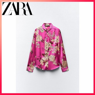 Zara ฤดูใบไม้ร่วง ใหม่ เสื้อผ้าผู้หญิง พิมพ์ลาย ผ้าไหมซาติน เสื้อเชิ้ต